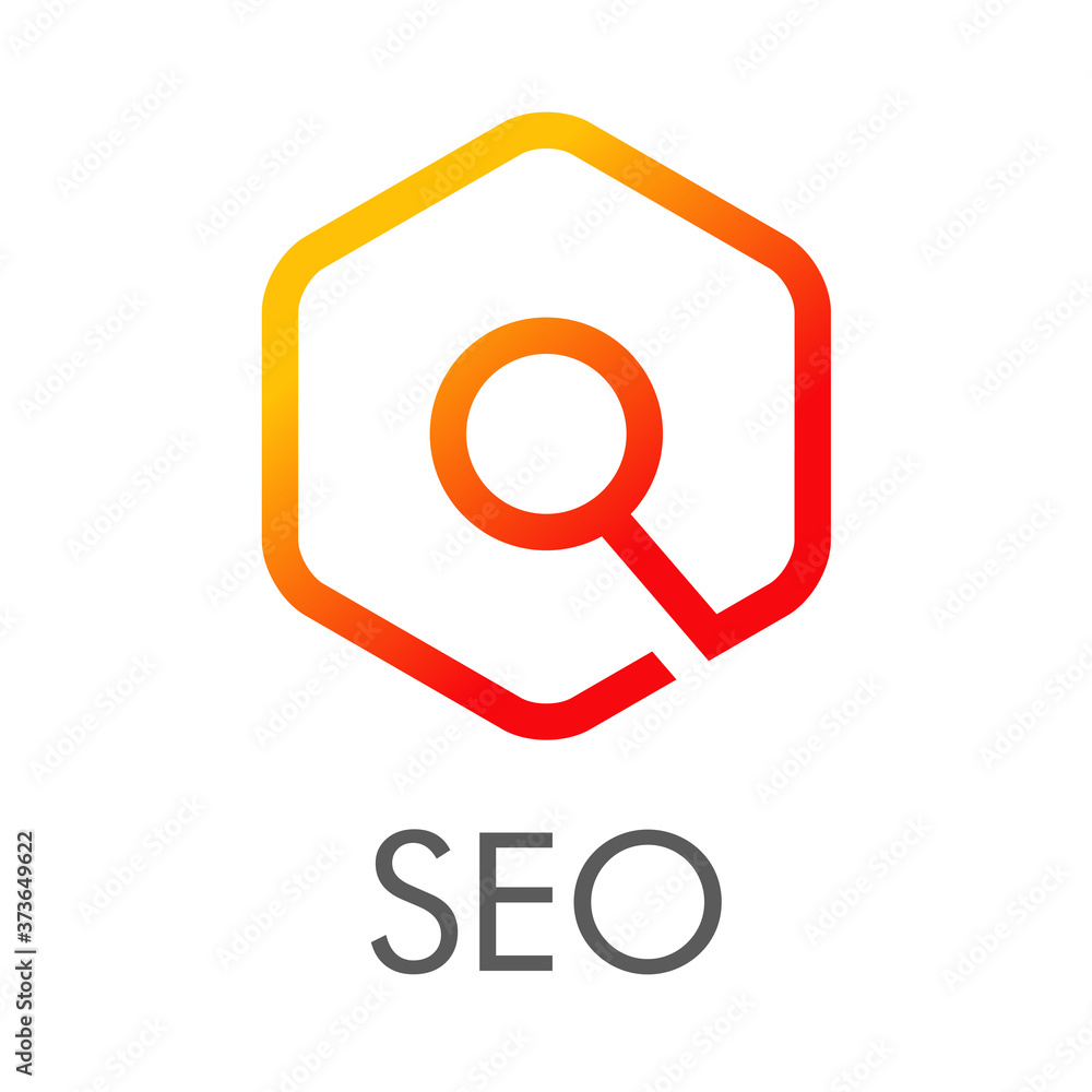 SEO - Search Engine Optimization. Logotipo lineal hexágono con lupa con texto SEO en color naranja SEO - Search Engine Optimization. Logotipo lineal hexágono con lupa con texto SEO en color naranja
