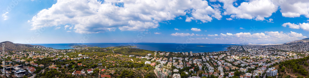 Athens Greece panorama. Aerial drone view of Vouliagmeni and Kavouri, sunny summer day