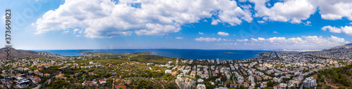 Athens Greece panorama. Aerial drone view of Vouliagmeni and Kavouri, sunny summer day