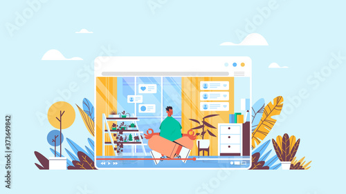 fitness blogger sitting lotus pose recording online video blog live streaming blogging concept man vlogger doing yoga exercies in web browser window horizontal full length vector illustration