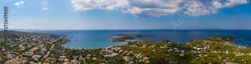 Athens Greece panorama. Aerial drone view of Vouliagmeni Lemos, sunny summer day