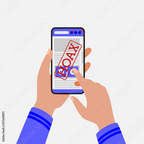 Vector illustration of a smartphone user accessing hoax news. Suitable for campaigns to stop fake news shared through social media and the internet. Flat vector illustration of hoax news.