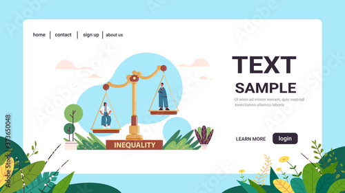 businessman and businesswoman on scales business corporate inequality concept gender male vs female unequal opportunities full length copy space horizontal vector illustration