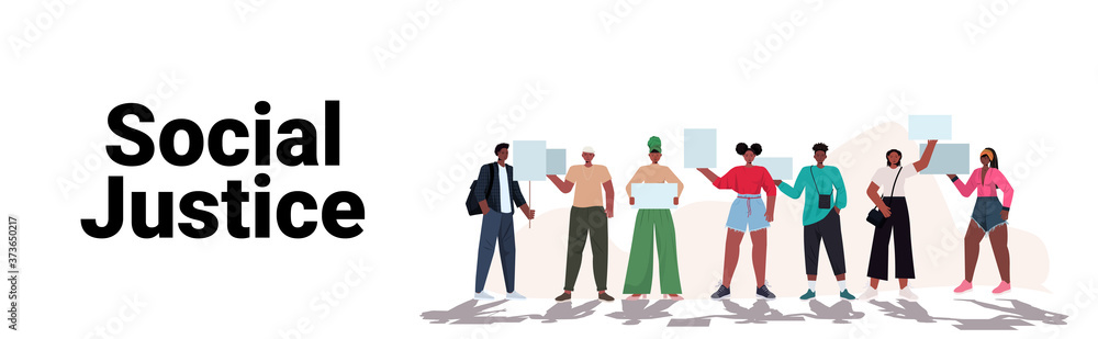 african american activists holding stop racism posters racial equality social justice stop discrimination concept horizontal full length vector illustration