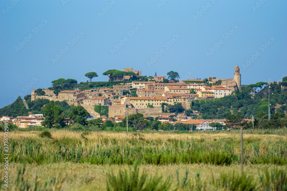 Italy Tuscany maremma view of the village of Castiglione della Pescaia from the nature reserve of Diaccia Botrona