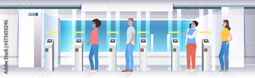people going trought turnstile in subway with signs for social distancing coronavirus epidemic protection measures concept entrance of railway station horizontal full length vector illustration