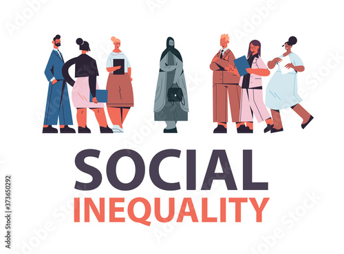 mix race businesspeople mocking by depressed arab woman bullying social inequality racial discrimination concept full length horizontal vector illustration