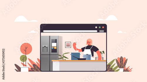 happy woman preparing food at home online cooking concept modern kitchen interior web browser window horizontal portrait vector illustration