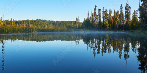 Morning panorama on the Hosmer Lake in central Oregon.