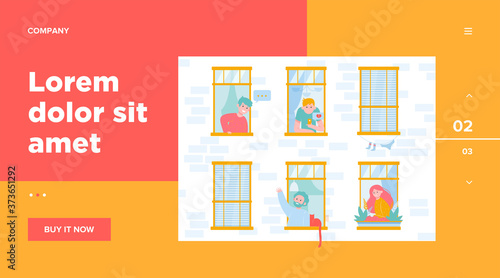 Friendly neighbors looking at windows. Friendship, neighbor, building flat vector illustration. Lifestyle and neighborhood concept for banner, website design or landing web page