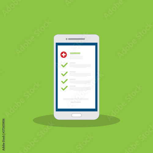 Medical prescription online or digital medicine test results with approved check mark form on mobile phone, cellphone with clinic checklist, flat cartoon modern vector illustration.