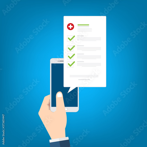 Medical prescription online or digital medicine test results with approved check mark form on mobile phone, cellphone with clinic checklist, flat cartoon modern vector illustration.