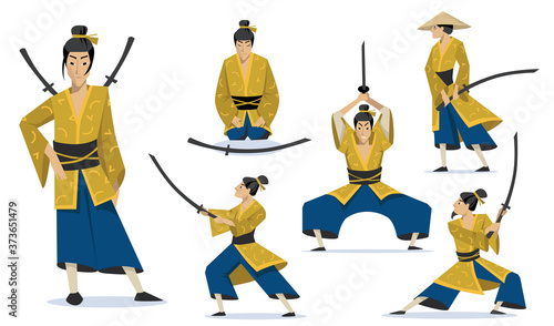 Samurai in different poses set. Traditional Japanese warriors wearing kimono, walking, meditating, training fighting skills. For Japan history, Asian knight, culture concepts