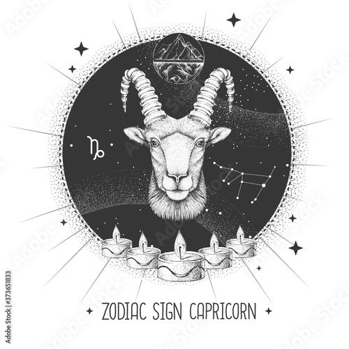 Modern magic witchcraft card with astrology Capricorn zodiac sign. Realistic hand drawing ram or mouflon head. Zodiac characteristic