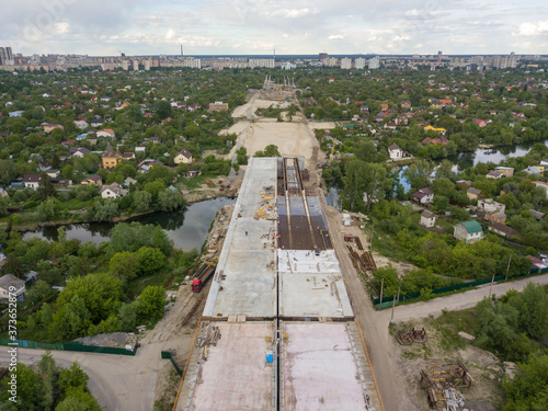 Aerial view. Bridge under construction in Kiev.