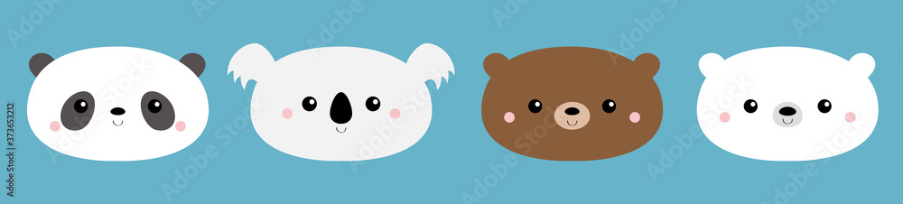 Bear face set. Cute koala, grizzly, panda, polar cub. Funny head. Kawaii cartoon character. Happy Valentines Day. Notebook cover, tshirt. Baby greeting card template. Blue background. Flat design. Bear face set. Cute koala, grizzly, panda, polar cub. Funny head. Kawaii cartoon character. Happy Valentines Day. Notebook cover, tshirt. Baby greeting card template. Blue background. Flat design.