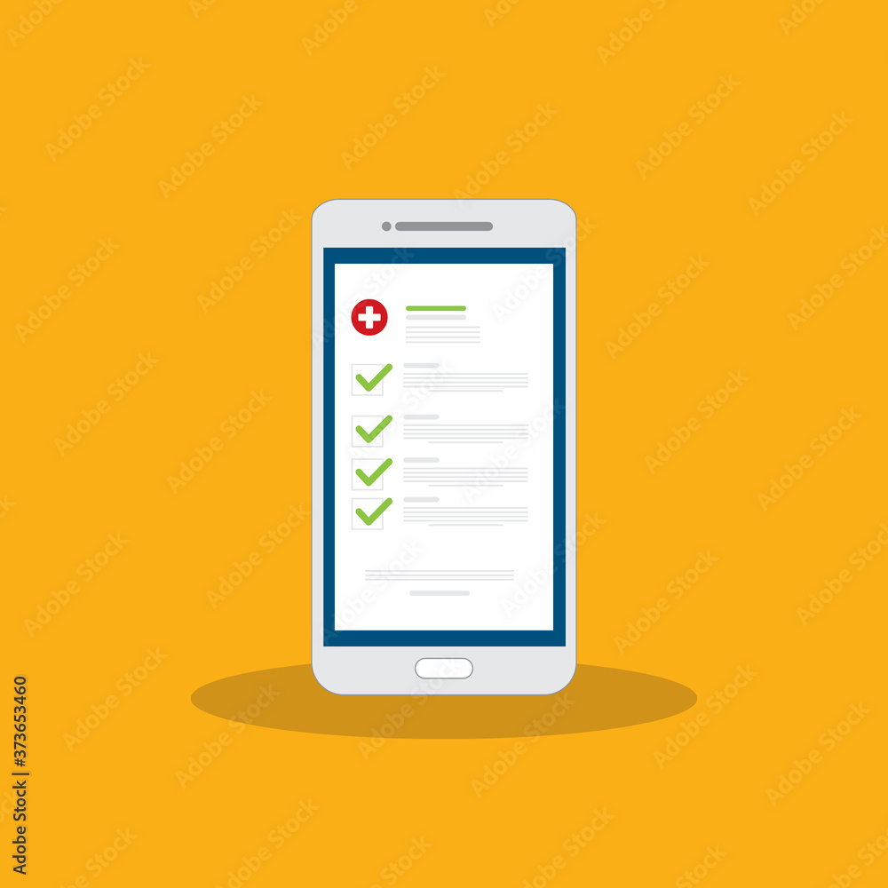 Medical prescription online or digital medicine test results with approved check mark form on mobile phone, cellphone with clinic checklist, flat cartoon modern illustration. Medical prescription online or digital medicine test results with approved check mark form on mobile phone, cellphone with clinic checklist, flat cartoon modern illustration.