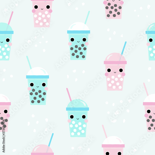 Seamless pattern with funny bubble tea. Kids summer print. Vector hand drawn illustration.