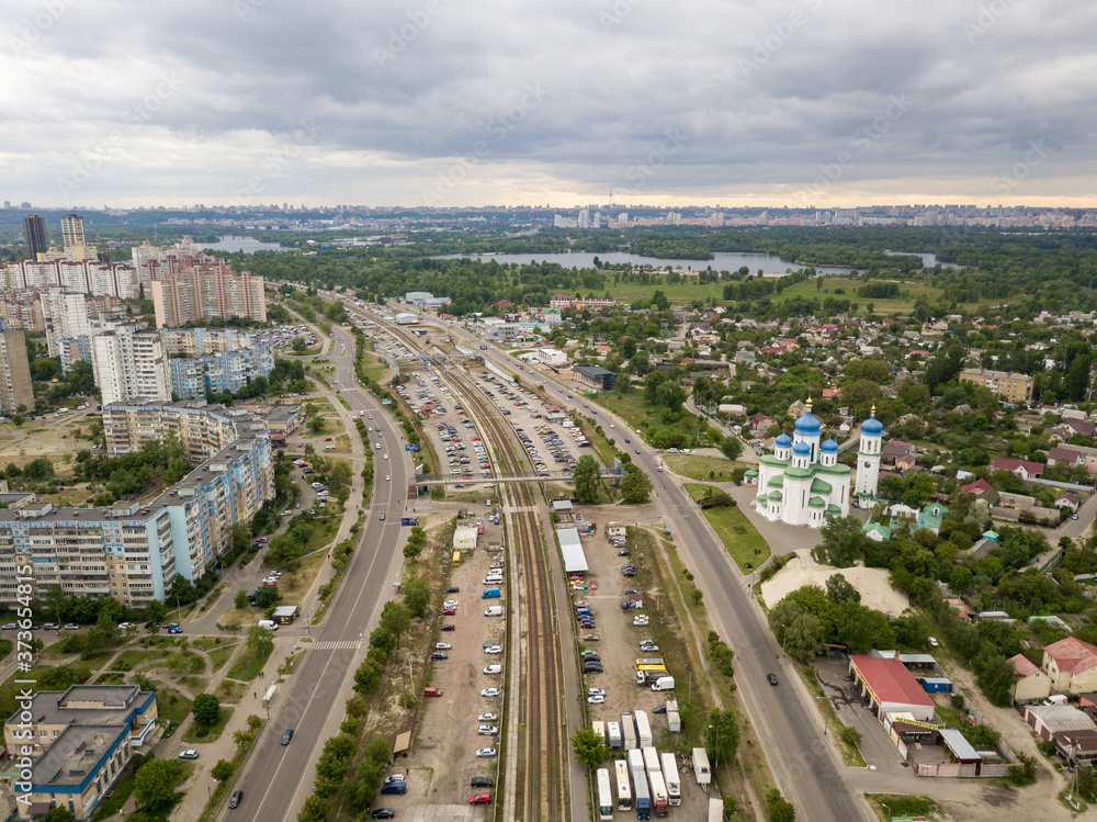 Aerial drone view. Outskirts of the city of Kiev.
