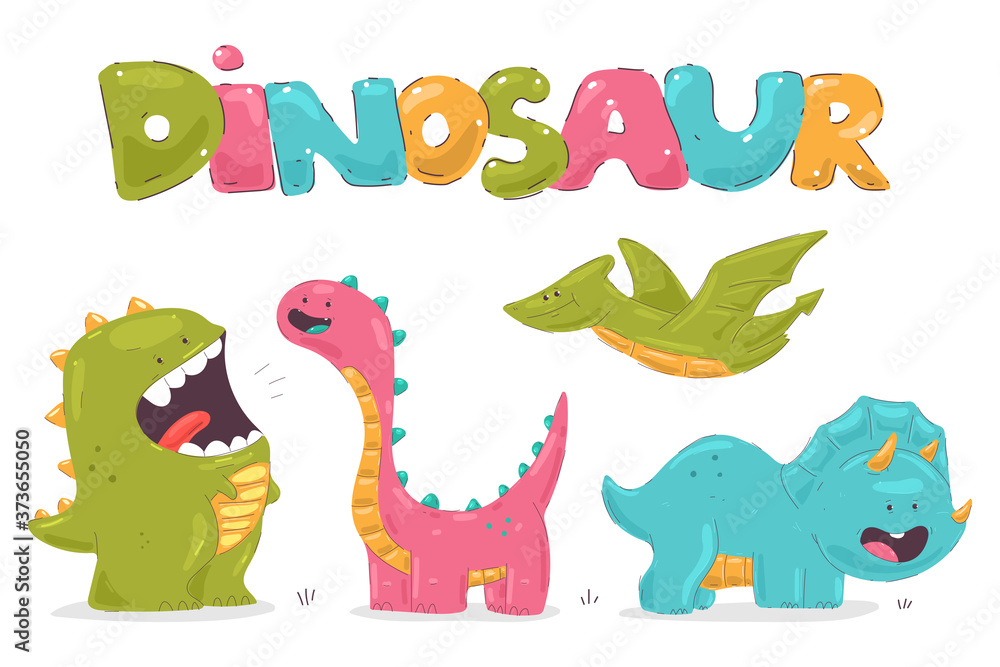 Funny little dinosaurs vector cartoon characters set isolated on white background.