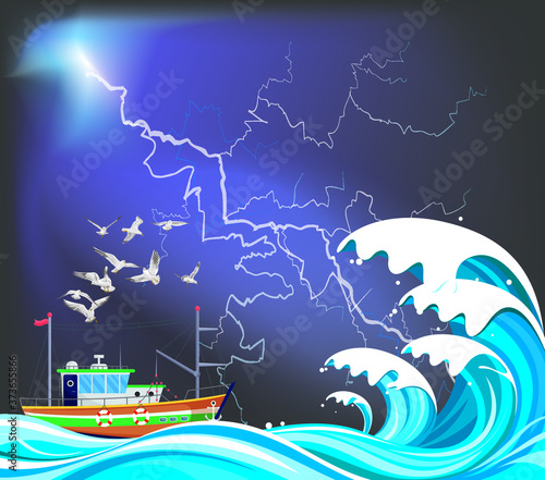 Fishing trawler boat out in rough sea with seagulls overhead set against a dramatic thunderstorm sky