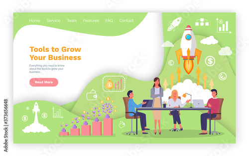 Fototapeta Naklejka Na Ścianę i Meble -  Tools to grow your business landing page template. Management team develops solutions for business growth, teamwork in company. Vector growth and startup concept in flat style, ifographic signs
