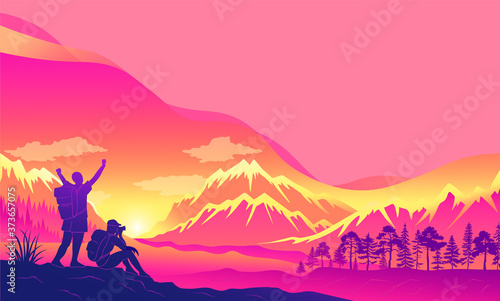 Silhouette of a tourist man photographer taking a photo and a male person traveler with a backpack on his shoulders raising his hands up on beautiful mountaine landscape background sunset time