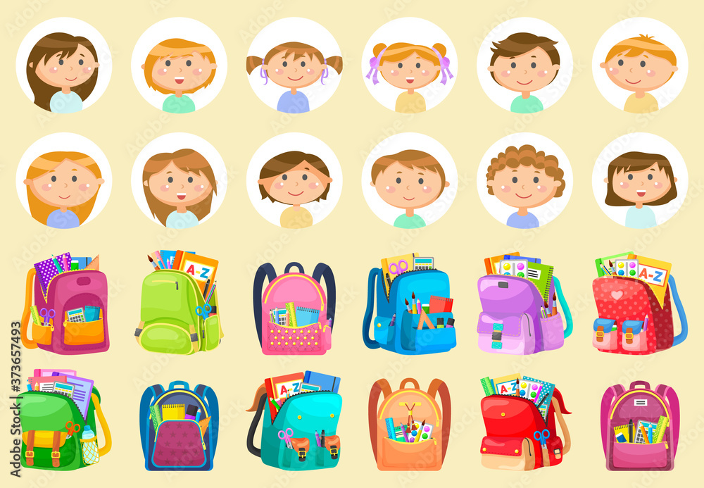Fototapeta premium Sticker of smiling pupils girl and boy, backpack set. Back to school, chancellery in bag, notebook and pencil, educational sign, studying symbol vector. Back to school concept. Flat cartoon