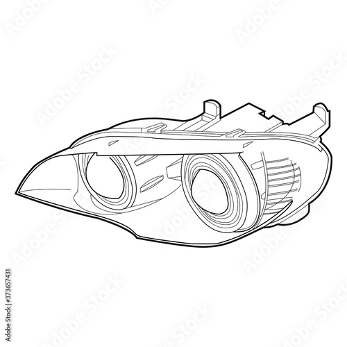 close up of outline drawing car automobile projector headlight isolate on white background vector illustrations