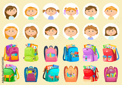 Fototapeta Naklejka Na Ścianę i Meble -  Sticker of smiling pupils girl and boy, backpack set. Back to school, chancellery in bag, notebook and pencil, educational sign, studying symbol vector. Back to school concept. Flat cartoon