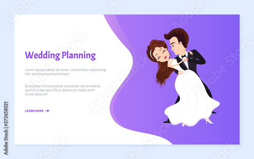 Wedding planning vector, first dance of married couple, bride wearing long dress, groom kissing female on cheek, happy pair dancing on ceremony. Website or webpage template, landing page flat style