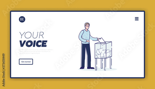 Vote on election landing page design with man throwing voting ballot in ballot box