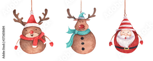 Cute reindeer and Santa Claus hanging on string. Vintage Christmas decoration. Watercolor Christmas card for invitations, greetings, holidays and decor.