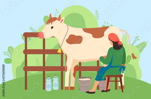 Milkmaid is working at countryside, sitting on chair and milking cow in rural area. Woman farmer in uniform near cow on nature landscape. Back view of woman wearing an apron pouring milk into bucket