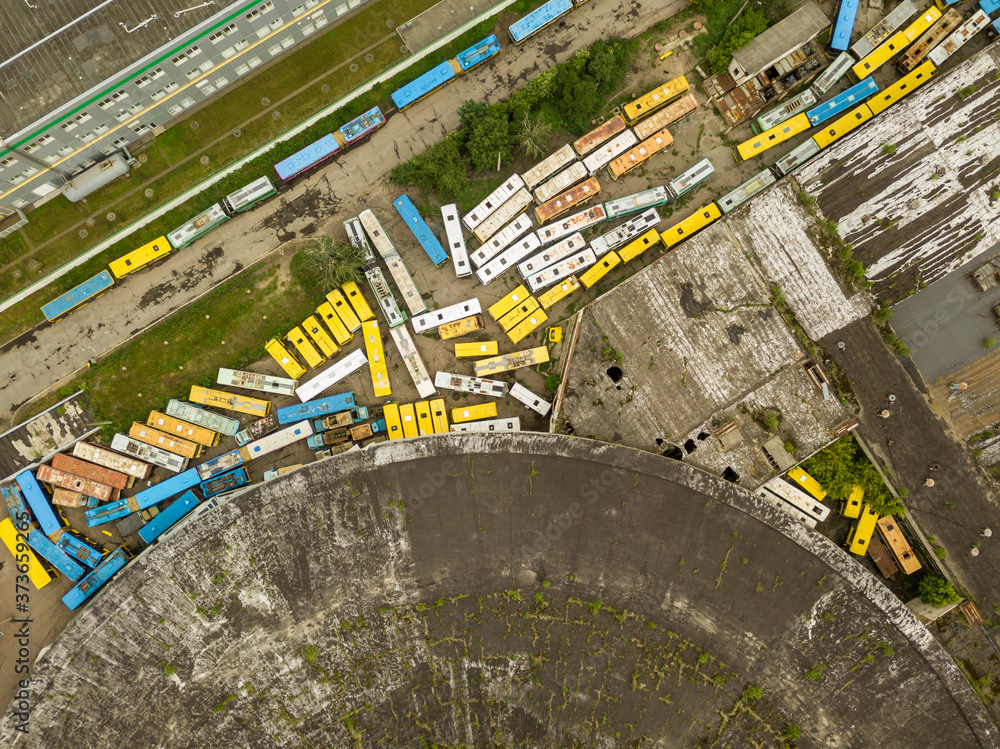 Aerial drone view. Abandoned bus depot in Kiev.