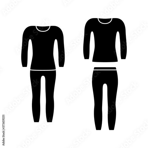 Silhouette set of thermal underwear, compression suit. Black icons of elastic garment for winter sport, fitness, pajamas. Unisex single pants, longsleeve. Flat isolated vector, white background