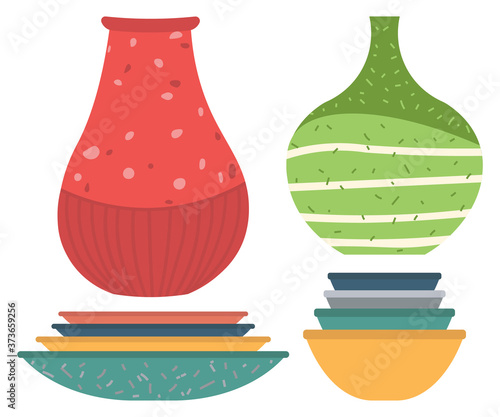 Set of striped vase isolated on white. Crockery decorative jar with waves ornament, color pot in flat style design, ceramic flowerpot. Handmade items from clay. Vase for flowers. Vector illustration