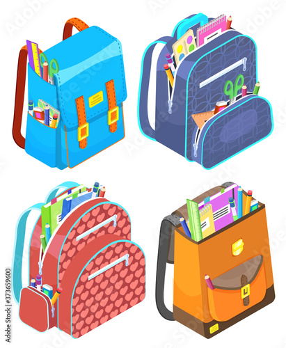 Colored school backpack. Education and study back to school, schoolbag luggage, rucksack vector illustration. Kids school bag with education equipment. Backpacks with study supplies. Student satchels