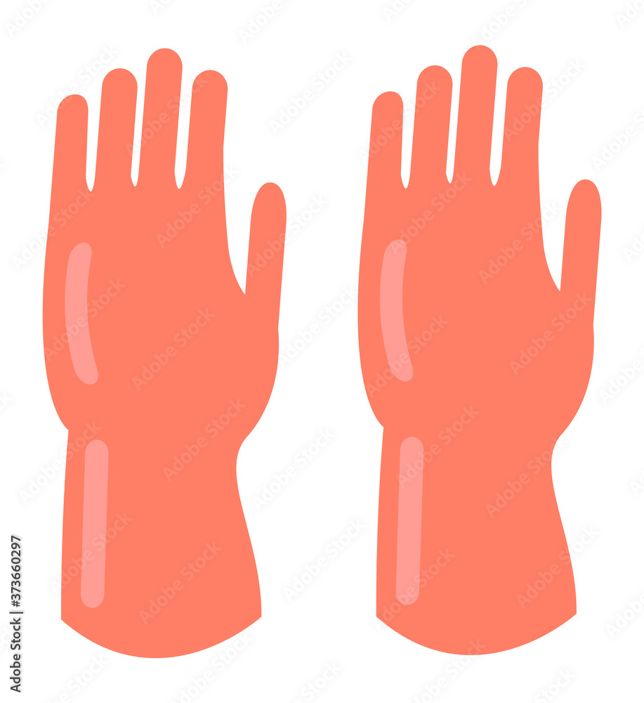 Obraz premium Orange cleaning gloves flat icon vector. Hand glove latex illistration, rubber hand protection, cleaning equipment. Hygienic clothing element to protect human hands from harmful chemicals in household