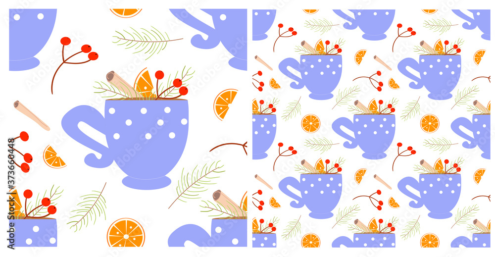 Seamless pattern of a cup with a hot winter drink on a white background. New Year's ornament for decorating cafes and drinks. Cup with oranges, berries, cinnamon.