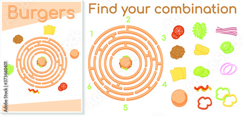 Ingredients for burger in labyrinth (6 way). Set of sliced veggies, bun, cutlet, sauce. Illustration flat isolated on white.