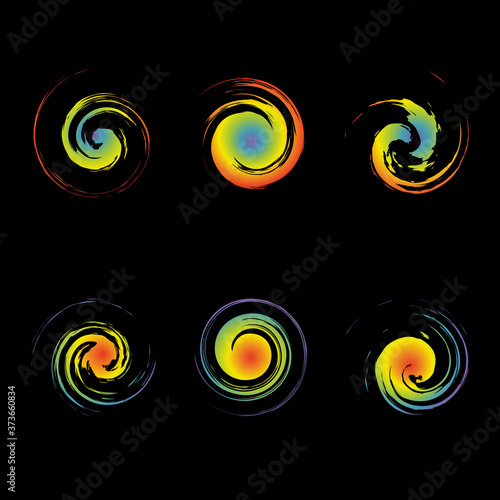 Creative Swirl Vector Symbols are similar to the image of hurricane cyclone wind, tropical typhoon, spiral storm, tornado on a climate map. Set of color grunge curl logo isolated on black background