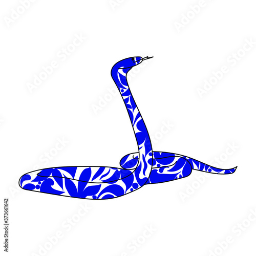 outline illustration of a snake with floral patterns in blue, symbol of the year according to the eastern horoscope, vector silhouette of an animal