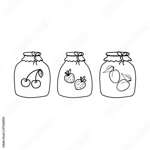 Jam, jars, flat outline icons. Vector badges. Glass jars with homemade canned natural products. An emblem for a sweet food store or website.