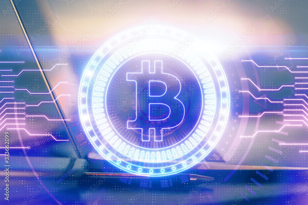 Multi exposure of blockchain theme hologram and table with computer background. Concept of bitcoin crypto currency. Multi exposure of blockchain theme hologram and table with computer background. Concept of bitcoin crypto currency.