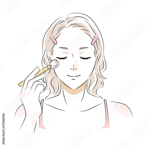 チークを塗る女性　メイクイラスト