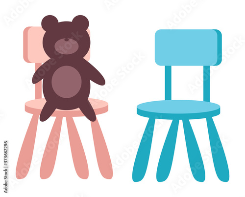 Kids toy, teddy bear sitting on chair on white background vector illustration. Children s toys and furniture, baby room decor elements. Toy character animal soft brown bear. Little pink and blue chair