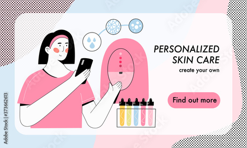 Presentation template of Personalized beauty skin care device. Woman using app to choose skin concers, device and ingredients to make customized face cream. Banner for website, app, business concept.