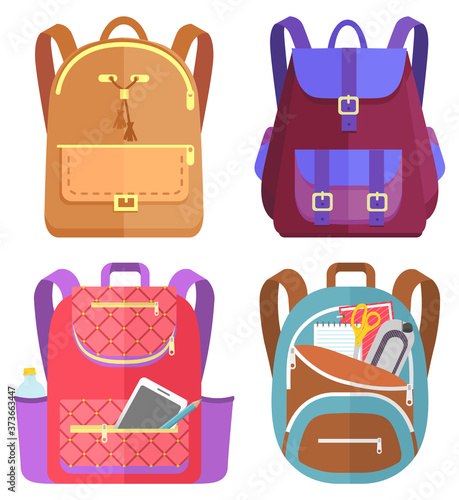 Colored school backpack. Education and study back to school, schoolbag luggage, rucksack vector illustration. Kids school bag with education equipment. Backpacks with study supplies. Student satchels