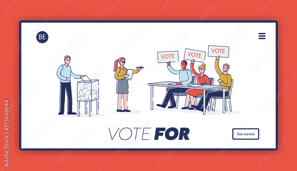 Online election landing page with cartoon voters filling survey and throwing ballot in box